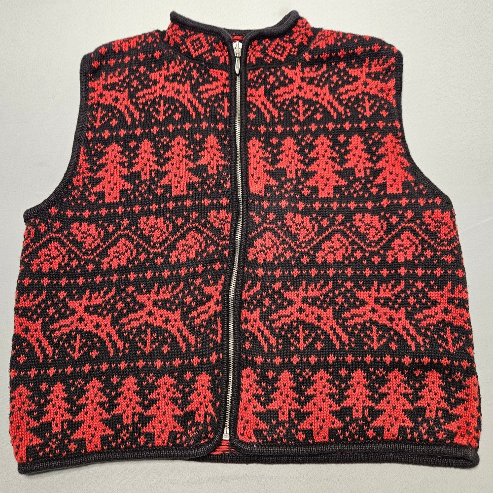 Vtg Nomadic Traders Sweater Vest Womens M Red Black Fair Isle Reindeer Zip Knit